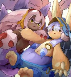 Rule 34 | 1girl, 1other, absurdres, bee hat, blue hair, blue pants, brown fur, claws, faputa, furry, highres, illustrattyako, long hair, made in abyss, nanachi (made in abyss), open mouth, pants, purple fur, white fur, yellow eyes