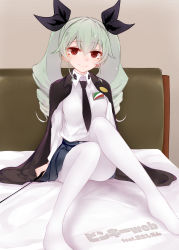 Rule 34 | 10s, 1girl, akitsuchi shien, anchovy (girls und panzer), anzio school uniform, arm support, bed, bedroom, belt, black belt, black cape, black necktie, black ribbon, black skirt, blue hair, cape, closed mouth, commentary request, dress shirt, drill hair, emblem, girls und panzer, green hair, hair ribbon, highres, holding, indoors, legs, light blue hair, long hair, long sleeves, looking at viewer, miniskirt, necktie, no shoes, on bed, pantyhose, pleated skirt, red eyes, ribbon, riding crop, school uniform, shirt, sitting, skirt, smile, solo, translation request, twin drills, twintails, white pantyhose, white shirt