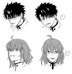 Rule 34 | 1boy, 1girl, ?, ahoge, clenched teeth, exhausted, expressions, fate/grand order, fate (series), fujimaru ritsuka (female), fujimaru ritsuka (female) (decisive battle chaldea uniform), fujimaru ritsuka (male), fujimaru ritsuka (male) (decisive battle chaldea uniform), greyscale, grimace, highres, looking at viewer, monochrome, noz 2to, parted lips, short hair, simple background, spoken question mark, sweat, teeth