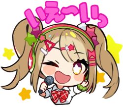 Rule 34 | 1girl, ;d, arm up, blonde hair, bow, bowtie, bright pupils, chibi, collared shirt, cropped torso, denonbu, green scrunchie, hair ornament, hairclip, hand up, headphones, holding, holding microphone, kayano futaba, kurumitsu, long hair, looking at viewer, lowres, microphone, official art, one eye closed, open mouth, red bow, red bowtie, scrunchie, shirt, smile, solo, star-shaped pupils, star (symbol), star hair ornament, symbol-shaped pupils, translation request, transparent background, twintails, upper body, white pupils, white shirt, wrist scrunchie, yellow eyes