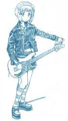 Rule 34 | 1girl, bbb (friskuser), belt, blue theme, blunt bangs, bob cut, closed mouth, commentary request, cutlass (girls und panzer), electric guitar, emblem, full body, girls und panzer, guitar, highres, holding, holding instrument, instrument, jacket, jewelry, kneehighs, leather, leather jacket, light frown, long sleeves, looking at viewer, maid headdress, midriff, miniskirt, monochrome, navel, necklace, partial commentary, shark, shirt, shoes, short hair, skirt, socks, solo, standing, striped clothes, striped socks, studded belt, studded bracelet