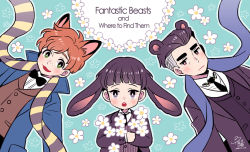 Rule 34 | 3boys, animal ears, aqua background, artist name, bear ears, black hair, bow, bowtie, brown eyes, brown hair, copyright name, credence barebone, dated, fantastic beasts and where to find them, flower, fox ears, freckles, green eyes, harry potter (series), male focus, multicolored hair, multiple boys, necktie, newt scamander, nightcat, open mouth, percival graves, rabbit ears, scarf, teeth, two-tone hair, white hair, wizarding world