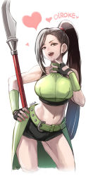 Rule 34 | 1girl, belt, breasts, brown eyes, brown hair, butcha-u, choker, dragon quest, dragon quest xi, green belt, green choker, hand on own hip, high ponytail, highres, holding, holding polearm, holding weapon, looking at viewer, martina (dq11), navel, open mouth, polearm, ponytail, solo, spear, weapon