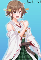 Rule 34 | 10s, 1girl, anti (untea9), bare shoulders, black bow, blue background, bow, brown eyes, brown hair, cowboy shot, detached sleeves, dress, green skirt, hair ornament, hiei (kancolle), hiei kai ni (kancolle), highres, japanese clothes, kantai collection, looking at viewer, nontraditional miko, plaid, plaid skirt, ribbon, ribbon-trimmed sleeves, ribbon trim, sarashi, short hair, simple background, skirt, smile, smug, solo, twitter username, white dress, wide sleeves, yellow ribbon