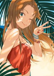 Rule 34 | 1girl, ;&gt;, ;), aqua eyes, bare arms, beach, blue sky, bracelet, closed mouth, daifukumochi (qquuiieett), dappled sunlight, day, fingernails, floating hair, forehead, hair intakes, hand up, highres, idolmaster, idolmaster cinderella girls, jewelry, leaf, light brown hair, long hair, looking at viewer, looking back, matsumoto sarina, midriff, nail polish, navel, ocean, one eye closed, outdoors, palm leaf, red nails, sand, sky, sleeveless, smile, solo, strapless, sunlight, tsurime, v, water, wind