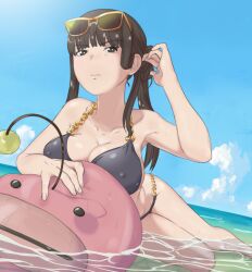 Rule 34 | 1girl, alternate hairstyle, anglerfish, beach, bikini, black bikini, black eyes, black hair, blue sky, blunt bangs, breasts, chain, chain bikini, closed mouth, cloud, commentary, covered erect nipples, day, english commentary, eyewear on head, fish, frown, girls und panzer, hair up, half-closed eyes, halterneck, hand in own hair, highres, horizon, huaronanago, inflatable toy, large breasts, long hair, looking at viewer, lying, mature female, nishizumi shiho, on side, orange-framed eyewear, outdoors, ponytail, sky, solo, sunglasses, swimsuit, wading, water, wet
