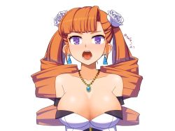 Rule 34 | 1girl, arcana heart, arcana heart 2, breasts, cleavage, dress, drill hair, jewelry, large breasts, looking at viewer, nalia, necklace, open mouth, orange hair, petra johanna lagerkvist, purple eyes, sleeveless, sleeveless dress, solo, twin drills