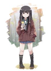Rule 34 | 10s, 1girl, :t, bad id, bad pixiv id, black socks, blue skirt, brown eyes, brown hair, food, full body, hand in pocket, hanten (clothes), hatsuyuki (kancolle), holding, holding food, kantai collection, long hair, long sleeves, looking at viewer, pleated skirt, sailor collar, sanuki (zigzagflamberge), skirt, socks, solo, standing, striped, sweet potato