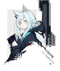 Rule 34 | 1girl, animal ears, arknights, black jacket, blue hair, book, cat ears, character name, chinese commentary, commentary, cropped torso, dated, green eyes, holding, holding book, hood, hood down, jacket, light blue hair, long hair, looking at viewer, open mouth, rosmontis (arknights), simple background, sketch, solo, yui (niikyouzou)