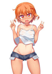 Rule 34 | 10s, 1girl, :d, bare arms, bare shoulders, blush, breasts, brown eyes, brown hair, cameltoe, chemise, collarbone, covered erect nipples, cowboy shot, double v, fang, groin, hair ornament, hairclip, ikazuchi (kancolle), kantai collection, looking at viewer, lowleg, lowleg shorts, mamo williams, midriff, navel, nipples, no bra, nose blush, off shoulder, one-piece tan, open mouth, see-through, shirt, short shorts, shorts, simple background, small breasts, smile, solo, strap gap, strap slip, sweat, tan, tanline, thighs, tsurime, v, wet, wet clothes, wet shirt, white background, wide hips