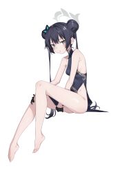 Rule 34 | 1girl, absurdres, bare legs, bare shoulders, barefoot, black dress, black gloves, black hair, blue archive, blush, breasts, butterfly hair ornament, china dress, chinese clothes, double bun, dragon print, dress, faldeus, feet, full body, gloves, grey eyes, hair bun, hair ornament, halo, highres, kisaki (blue archive), legs, long hair, looking at viewer, pelvic curtain, print dress, ribs, sideboob, simple background, sitting, sleeveless, sleeveless dress, small breasts, solo, thigh grab, thighs, twintails, very long hair, white background