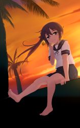 Rule 34 | 10s, 1girl, akebono (kancolle), bare legs, barefoot, bell, blush, brown hair, cloud, crying, crying with eyes open, feet, floating hair, flower, hair bell, hair flower, hair ornament, highres, jingle bell, kantai collection, long hair, looking at viewer, momo (higanbana and girl), outdoors, palm tree, pleated skirt, purple eyes, purple hair, ribbon, sailor collar, school uniform, serafuku, short sleeves, side ponytail, sitting, skirt, sky, smile, soles, solo, sunset, tears, toes, tree, twilight