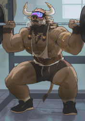 Rule 34 | 1boy, bara, belt, biceps, black shorts, bulge, chest hair, commission, drooling, exercising, furry, furry male, heavy breathing, highres, horns, hypnosis, large bulge, large pectorals, male focus, mind control, mouth drool, nipple piercing, nipples, nose piercing, nose ring, open mouth, original, pectorals, piercing, precum, shorts, squatting, tank top, thick thighs, thighs, white tank top, zoyu (wuedti)
