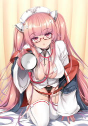 Rule 34 | 1girl, :o, absurdres, all fours, azur lane, black panties, blush, breasts, cameltoe, center opening, cleavage, dress, glasses, gloves, hair ornament, half gloves, hat, head tilt, highres, holding, holding stethoscope, id card, large breasts, long hair, looking at viewer, nurse, nurse cap, panties, perseus (azur lane), perseus (unfamiliar duties) (azur lane), pink eyes, pink gloves, pink hair, raranokusu, solo, stethoscope, thighhighs, twintails, underwear, very long hair, white hat, white thighhighs