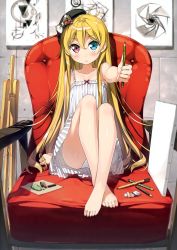 Rule 34 | 1girl, :c, absurdres, arm support, barefoot, beret, black hat, blonde hair, blue eyes, blurry, blush, bow, canvas (object), chair, clenched hand, collarbone, crossed legs, depth of field, detexted, dress, easel, feet, feet on chair, frown, full body, hat, hat bow, heterochromia, highres, holding, holding pencil, kantoku, long hair, long legs, looking at viewer, outstretched arm, panties, pantyshot, pencil, plaid, plaid bow, red eyes, scan, short dress, sitting, sleeveless, sleeveless dress, solo, source request, sundress, third-party edit, toes, underwear, very long hair, white dress, white panties