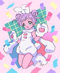 Rule 34 | 1girl, :d, animal costume, animal ears, animal hands, aqua eyes, commentary request, confetti, double bun, fake animal ears, fake tail, fluffy, full body, gloves, hair bun, hands up, jumping, looking at viewer, manaka laala, open mouth, paw gloves, pink background, pretty series, pripara, purple hair, rabbit costume, rabbit ears, rabbit tail, rituyama1, scarf, shoes, short hair, signature, sleeveless, smile, solo, tail, white footwear, white scarf