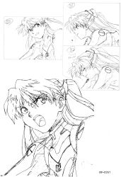 Rule 34 | artbook, highres, key frame, long hair, looking back, monochrome, neon genesis evangelion, open mouth, plugsuit, scan, sequential, souryuu asuka langley, twintails, upper body, white background