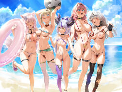 5girls absurdres animal_ears armpits ball beach beachball between_labia bikini black_choker blonde_hair blue_eyes bow breasts cameltoe choker cleft_of_venus closed_eyes cloud commentary_request day demon_girl demon_horns demon_tail female_pubic_hair foot_out_of_frame green_eyes grey_hair hair_bow hairband hakui_koyori high_ponytail highres holding holding_ball holding_swim_ring hololive holox horns innertube kazama_iroha kuroi_suna la+_darknesss large_breasts long_hair medium_breasts micro_bikini multiple_girls navel nipples ocean open_mouth outdoors partially_visible_vulva pink_hair ponytail pubic_hair pussy pussy_peek red_eyes revealing_clothes revision sakamata_chloe sandals single_thighhigh slingshot_swimsuit small_breasts standing stomach swim_ring swimsuit tail takane_lui thighhighs very_long_hair virtual_youtuber white_hair wolf_ears wolf_girl wolf_tail yellow_eyes