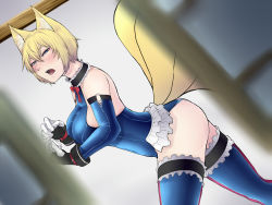 Rule 34 | 1girl, angry, animal ears, bare shoulders, blonde hair, blue eyes, blue one-piece swimsuit, blush, choker, cosplay, dead or alive, doorway, dutch angle, elbow gloves, fangs, fox ears, fox tail, frilled thighhighs, frills, gloves, highres, kitsune, leotard, looking at viewer, marie rose, marie rose (cosplay), multiple tails, nicutoka, one-piece swimsuit, open mouth, peeking, pov doorway, ribbon, short hair, solo, sweatdrop, swimsuit, tail, thighhighs, touhou, walk-in, yakumo ran