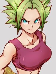 Rule 34 | 1girl, blue eyes, breasts, closed mouth, collarbone, dragon ball, dragon ball super, earrings, green hair, grey background, jewelry, kefla (dragon ball), kemachiku, large breasts, looking at viewer, potara earrings, short hair, simple background, smile, solo, super saiyan, upper body