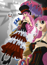 Rule 34 | 1girl, absurdres, bare shoulders, black eyes, boots, curly hair, dress, female focus, floating, flower, flying, full body, ghost, goth fashion, gothic lolita, hat, highres, kumacy, lolita fashion, long hair, one piece, perona, pink hair, rose, sabaody archipelago, simple background, solo, stuffed animal, stuffed toy, teddy bear, top hat, umbrella, vector trace, watch, watermark, wristwatch