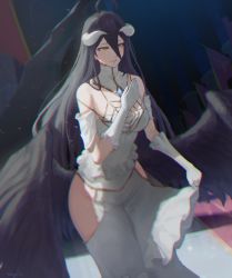 Rule 34 | 1girl, ahoge, albedo (overlord), black feathers, black hair, black wings, breasts, cleavage, clothes lift, cowboy shot, demon girl, demon wings, detached collar, dress, feathers, gloves, highres, horns, large breasts, lifted by self, long hair, low wings, open mouth, overlord (maruyama), skirt, skirt lift, smile, solo, standing, toxic (toxicv), white dress, white gloves, white horns, wings, yellow eyes
