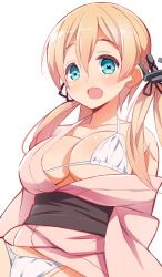 Rule 34 | 10s, 1girl, 9law, :d, aqua eyes, bare shoulders, blonde hair, blush, breasts, japanese clothes, kantai collection, kimono, long hair, no headwear, no headwear, off shoulder, open mouth, panties, prinz eugen (kancolle), smile, solo, twintails, underwear, white background, white panties