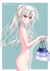 Rule 34 | 10s, 1girl, aqua background, unworn bikini top, blush, breasts, collarbone, cowboy shot, ears visible through hair, eyebrows, eyes visible through hair, from side, hair censor, hair over breasts, holding, holding clothes, holding swimsuit, kantai collection, kikuzuki (kancolle), long hair, looking at viewer, looking to the side, mikage takashi, navel, nude, orange eyes, ponytail, scowl, sidelocks, simple background, small breasts, solo, swimsuit, twitter username, wavy mouth, white hair
