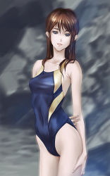 Rule 34 | blue eyes, brown hair, competition swimsuit, highres, konta, long hair, one-piece swimsuit, solo, swimsuit