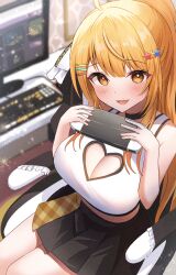 Rule 34 | 1girl, absurdres, antenna hair, blonde hair, blush, breasts, chair, cleavage, cleavage cutout, clothing cutout, computer, gaming chair, heart cutout, highres, hololive, image sample, keyboard (computer), large breasts, miniskirt, monitor, nintendo switch, official alternate costume, onabe no shime, ponytail, sitting, skirt, sleeveless, solo, swivel chair, tank top, twitter sample, virtual youtuber, yozora mel