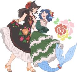 Rule 34 | 2girls, alternate costume, animal ears, bangle, black hair, blue eyes, blue hair, bracelet, drill hair, fins, fish tail, flower, full body, hair flower, hair ornament, head fins, high heels, imaizumi kagerou, jewelry, layered skirt, mefomefo, mermaid, mexican dress, monster girl, multiple girls, open mouth, red eyes, scales, shawl, shoes, short hair, short sleeves, simple background, skirt, skirt hold, tail, touhou, wakasagihime, white background, wolf ears