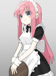 Rule 34 | 1girl, apron, back bow, black bow, black bowtie, black dress, blue eyes, blush, bocchi the rock!, bow, bowtie, closed mouth, commentary, cowboy shot, dress, eyes visible through hair, frilled apron, frills, frown, gotoh hitori, grey background, hair between eyes, highres, holding, holding tray, long hair, looking down, maid apron, maid headdress, nervous, pink hair, puffy short sleeves, puffy sleeves, shaded face, short sleeves, sidelocks, simple background, solo, standing, straight hair, sweatdrop, tonkotsu frappuccino, tray, v arms, very long hair, white apron, white bow, white wrist cuffs, wrist cuffs