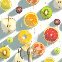 Rule 34 | 1boy, apple, apple slice, avogado6, blonde hair, commentary request, food, from side, fruit, grapes, holding, holding umbrella, hood, hood down, kiwi (fruit), kiwi slice, male focus, orange (fruit), orange slice, original, pineapple, pineapple slice, rain, raincoat, solo, umbrella
