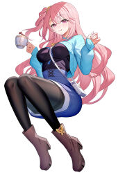 Rule 34 | 1girl, arms up, black pantyhose, blue jacket, blue skirt, boots, breasts, brown footwear, commentary request, cross-laced clothes, cup, emily stock, full body, high-waist skirt, highres, holding, holding cup, invisible chair, jacket, long hair, long sleeves, looking at viewer, medium breasts, original, pantyhose, parted lips, pink eyes, pink hair, ririko (zhuoyandesailaer), side ponytail, simple background, sitting, skirt, smile, solo, thighband pantyhose, white background, white bag