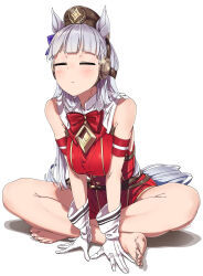 Rule 34 | 1girl, :d, = =, absurdres, animal ears, arm support, armpit crease, bare shoulders, barefoot, bow, bowtie, closed eyes, closed mouth, commentary request, dress, earmuffs, feet, gloves, gold ship (umamusume), grey hair, hair bow, hair ornament, hat, highres, horse ears, horse girl, horse tail, indian style, leaning forward, long hair, no legwear, open mouth, red dress, shinomu (cinomoon), simple background, sitting, sleeveless, sleeveless dress, smile, solo, tail, toes, umamusume, white background, white gloves