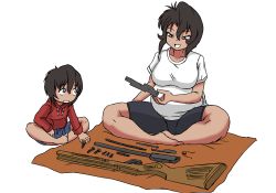 Rule 34 | 1boy, 1girl, absurdres, bike shorts, breasts, crossed legs, deculture, disasembled gun, gun, gunsmith cats, highres, hood, hoodie, if they mated, large breasts, looking up, mother and son, non-web source, pregnant, rally vincent, rifle, screw, short hair, sitting on towel, smile, towel, weapon