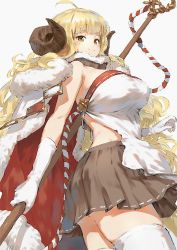 Rule 34 | 1girl, ahoge, anila (granblue fantasy), blonde hair, blunt bangs, breasts, brown eyes, brown skirt, cape, closed mouth, commentary request, curled horns, curly hair, dress, gloves, granblue fantasy, grey background, holding, horns, large breasts, long hair, looking at viewer, pleated skirt, red cape, simple background, skirt, smile, solo, thighhighs, very long hair, wasabi60, white dress, white gloves, white thighhighs