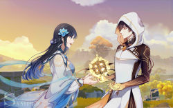 Rule 34 | 1boy, 1girl, :|, absurdres, alternate costume, arm tattoo, bare shoulders, black hair, blue dress, blue eyes, breasts, brown hair, chinese clothes, chinese commentary, cloak, closed mouth, cloud, cloudy sky, coat, day, dress, earrings, floating scarf, flower, flower ornament, gem, genshin impact, glaze lily, gradient hair, grass, guizhong (genshin impact), hagoromo, hair between eyes, hair flower, hair ornament, hanfu, highres, hood, hood up, hooded cloak, hooded coat, jewelry, large breasts, light, long hair, long sleeves, memory of dust (genshin impact), mountain, mountainous horizon, multicolored hair, nature, open mouth, outdoors, outstretched hand, plant, ponytail, rex lapis (genshin impact), ruins, sample watermark, scarf, scenery, shadow, shawl, sidelocks, single earring, sky, sleeveless, smile, tassel, tattoo, teeth, tingke, tree, upper body, upper teeth only, watermark, white coat, wide sleeves, yellow eyes, zhongli (archon) (genshin impact), zhongli (genshin impact)