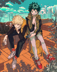 Rule 34 | 2boys, alternate costume, aqua sky, arm on knee, backpack, bag, unworn bag, bakugou katsuki, black shirt, blonde hair, blowing steam, boku no hero academia, bright pupils, building, buttons, casual, cel shading, cheek press, cityscape, cloud, coffee cup, commentary request, cross-laced footwear, cup, curly hair, disposable cup, drinking, earphones, elbow rest, film grain, fingernails, freckles, full body, fur-trimmed vest, fur trim, glass, green eyes, green hair, grey footwear, grey shirt, hand up, head on hand, head rest, high collar, highres, holding, holding cup, holding phone, inverted colors, jacket, leaning forward, ligne claire, long sleeves, looking at phone, looking to the side, male focus, midoriya izuku, multiple boys, multiple scars, open clothes, open jacket, outdoors, outstretched arm, outstretched legs, partial commentary, phone, plant, plant request, pout, red eyes, red footwear, red socks, rooftop, scar, scar on arm, scar on hand, shade, shadow, shared earphones, shirt, shoes, short eyebrows, short hair, sideways glance, sitting, skyscraper, sleeveless, sneakers, socks, souko (floyd), spiked hair, starbucks, steam, t-shirt, unbuttoned, unbuttoned jacket, vest, watch, white pupils, wristwatch, yellow bag, yellow vest