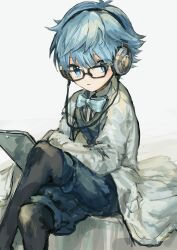 Rule 34 | 1boy, absurdres, blue eyes, blue hair, blue vest, book, bow, bowtie, fate/extra, fate/extra ccc, fate/grand order, fate (series), glasses, hans christian andersen (fate), headphones, highres, long sleeves, nataro 1116, quill, shirt, short hair, solo, striped clothes, striped shirt, tablet pc, vertical-striped clothes, vertical-striped shirt, vest