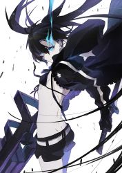 Rule 34 | 1girl, absurdres, ass, belt, bikini, black bikini, black hair, black jacket, black rock shooter, black rock shooter (character), black shorts, blue eyes, breasts, closed mouth, commentary request, cowboy shot, flaming eye, floating hair, front-tie bikini top, front-tie top, hair between eyes, highres, holding, holding sword, holding weapon, hood, hood down, hooded jacket, jacket, open clothes, open jacket, short shorts, shorts, small breasts, solo, standing, star (symbol), star print, swimsuit, sword, tama (tama-s), twintails, weapon, white background, white belt