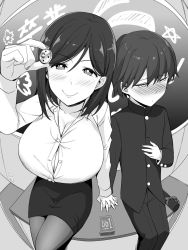 Rule 34 | 1boy, 1girl, blush, breasts, button gap, buttons, chalkboard, child, cleavage, commentary, condom box, desk, fisheye, greyscale, hand on own chest, heart, heart-shaped pupils, highres, holding hands, huge breasts, interlocked fingers, kloah, monochrome, original, pantyhose, pencil skirt, school uniform, sitting, skirt, symbol-shaped pupils, teacher and student