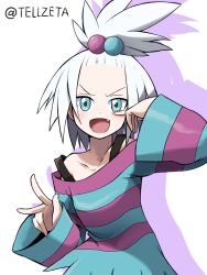 Rule 34 | 1girl, bad id, bad twitter id, baggy clothes, blue eyes, blush, bra strap, creatures (company), dress, emapippi, fang, forehead, freckles, game freak, gym leader, hair bobbles, hair ornament, hand gesture, highres, looking at viewer, loose clothes, nintendo, pokemon, pokemon bw2, redrawn, roxie (pokemon), shadow, smile, solo, standing, strapless, strapless dress, striped clothes, striped dress, tellzeta, topknot, white background, white hair