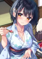 Rule 34 | 1girl, black hair, blue kimono, blush, bowl, braid, breasts, brown eyes, cleavage, closed mouth, collarbone, commentary request, earrings, flower, food, hair flower, hair ornament, hand fan, holding, holding spoon, japanese clothes, jewelry, kimono, large breasts, leaf print, long sleeves, looking at viewer, obi, on floor, original, paper fan, print kimono, sash, sena chifuyu, shaved ice, short hair, side braid, sitting, smile, solo, spoon, tatami, uchiwa, white flower, wide sleeves, wooden floor, yukata