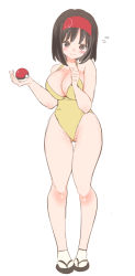 Rule 34 | 1girl, bare shoulders, black footwear, black hair, blush, breasts, brown eyes, chorimokki, cleavage, clenched hand, closed mouth, creatures (company), erika (pokemon), female focus, flying sweatdrops, full body, game freak, gluteal fold, gym leader, hairband, hands up, happy, holding, holding poke ball, large breasts, looking at viewer, nintendo, one-piece swimsuit, poke ball, poke ball (basic), pokemon, pokemon frlg, red hairband, sandals, short hair, simple background, smile, solo, standing, swimsuit, thigh gap, white background, yellow one-piece swimsuit