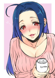 Rule 34 | 1girl, ahoge, beer can, blue eyes, blush, breasts, can, cleavage, drink can, drunk, heart, idolmaster, idolmaster (classic), large breasts, long hair, looking at viewer, miura azusa, open mouth, red eyes, smile, solo, sumeragi kohaku
