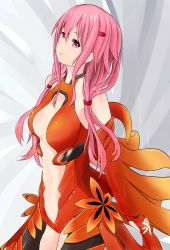 Rule 34 | 10s, 1girl, bare shoulders, black thighhighs, breasts, center opening, cleavage, detached sleeves, fingerless gloves, gloves, guilty crown, hair ornament, hairclip, long hair, looking at viewer, monoku, navel, pink eyes, pink hair, smile, solo, thighhighs, twintails, yuzuriha inori