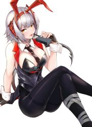 Rule 34 | 1girl, absurdres, animal ears, arknights, bandaged leg, bandages, between breasts, breasts, cleavage, commentary, crossed legs, detached collar, detonator, fake animal ears, feet out of frame, fingerless gloves, gloves, grey hair, highres, holding, ku-ba, leotard, long hair, looking at viewer, medium breasts, necktie, orange eyes, pantyhose, playboy bunny, rabbit ears, saliva, saliva trail, sitting, solo, tongue, tongue out, w (arknights), wrist cuffs