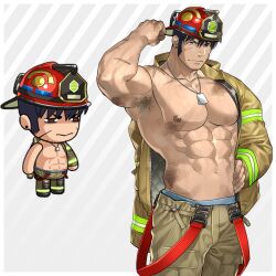 Rule 34 | 1boy, abs, absurdres, armpit hair, armpits, bara, bare pectorals, cargo pants, character request, chibi, cowboy shot, dirty, dog tags, ear piercing, ero condo, firefighter, firefighter jacket, hard hat, helmet, highres, jacket, kienbiu, large pectorals, male focus, muscular, muscular male, navel, nipples, official alternate costume, paid reward available, pants, pectorals, piercing, scar, scar on arm, serious, short hair, simple background, solo, standing, stomach