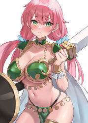 Rule 34 | 1girl, armor, bikini, bikini armor, blush, boku to kanojo no onani life, bracelet, breasts, character request, cleavage, closed mouth, collar, cowboy shot, embarrassed, frown, gold trim, green bikini, green eyes, hair ornament, hair scrunchie, holding, holding shield, holding sword, holding weapon, jewelry, kurokin, large breasts, long hair, looking at viewer, low twintails, navel, pauldrons, pelvic curtain, pink hair, scrunchie, shield, shoulder armor, simple background, skindentation, solo, stomach, string bikini, sweatdrop, swimsuit, sword, thighs, twintails, weapon, white background